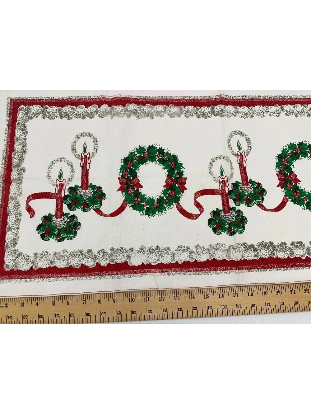 Vintage Christmas Table Runner Wreath Candle Holly Bows Linen? Cotton? 16